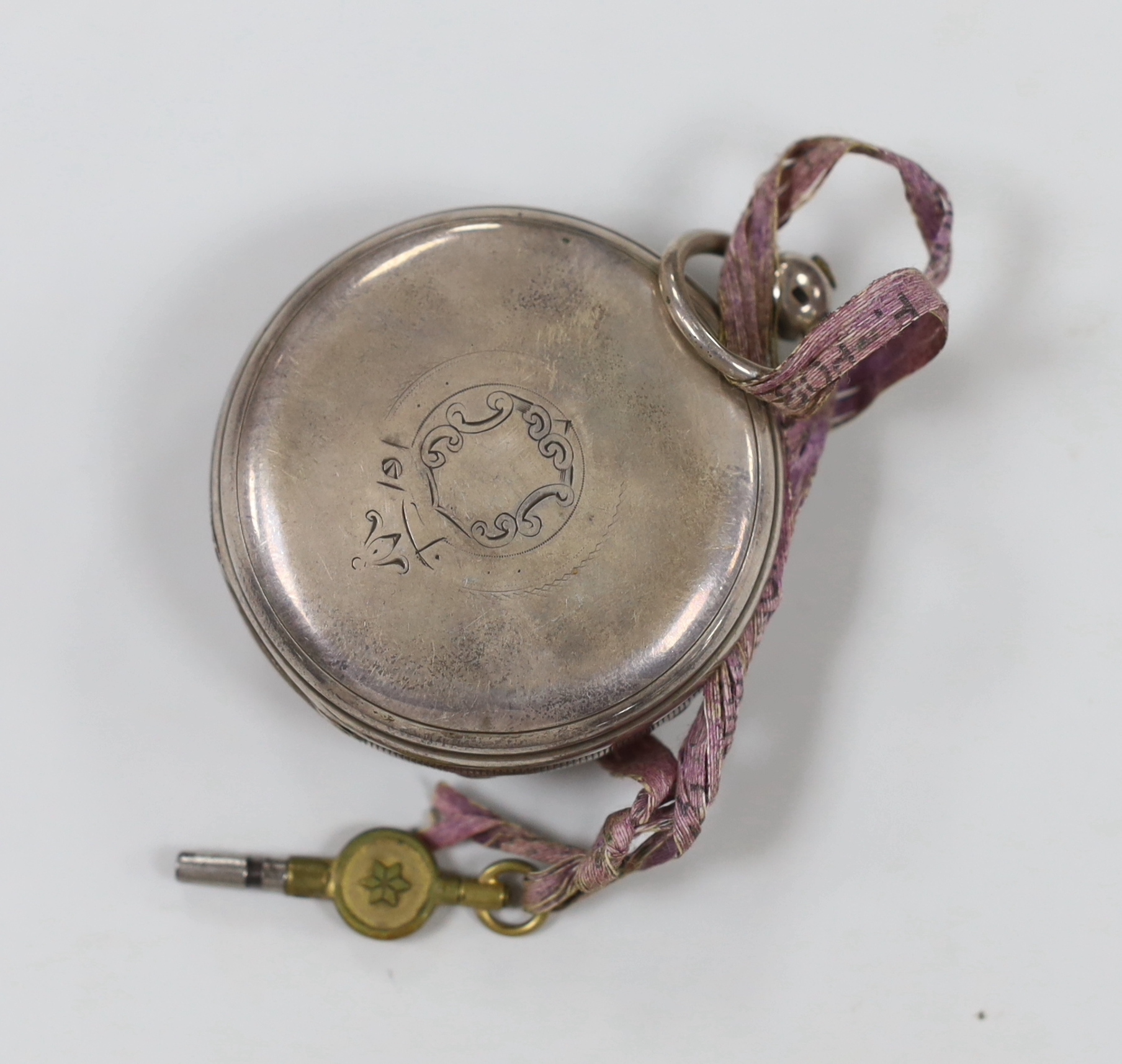 A Victorian silver open face keywind pocket watch, with silvered Roman dial and subsidiary seconds.